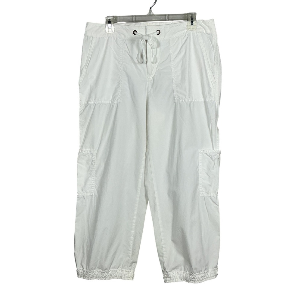 Liz Claiborne Lizwear White Cotton Cargo Capri Pants Drawstring Waist Size 12